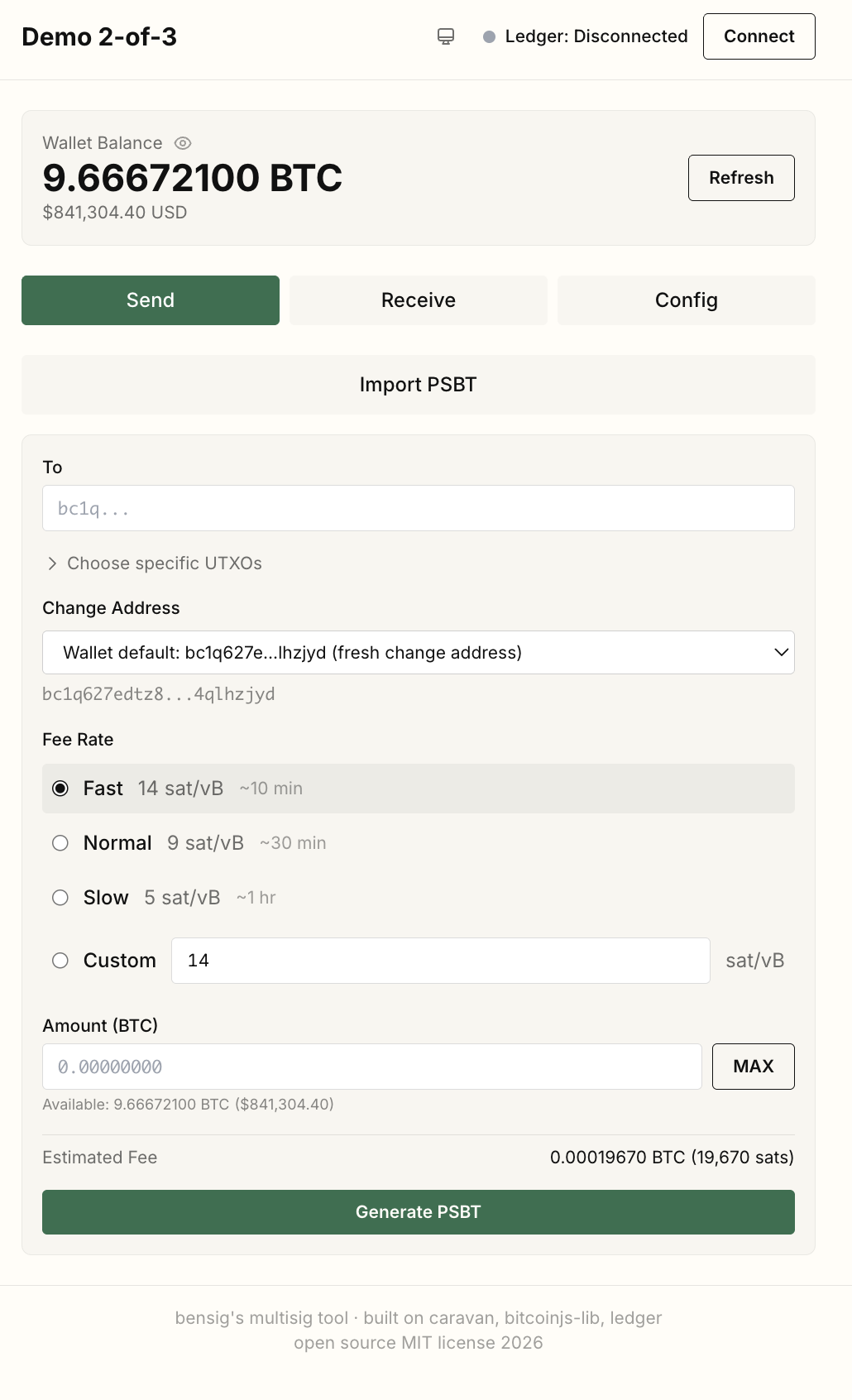 Sigil's Send tab on a 2-of-3 wallet: balance, recipient field, change-address selector and fee rates